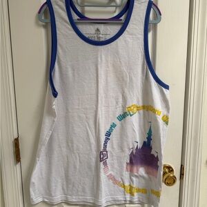 Disney White Tank Top with Blue Trim and Multicolor Castle Graphic